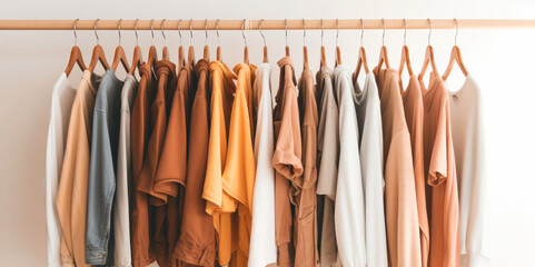 Women's clothing in earthy colors hanging on a rack in a clothing store. White and light background. Sale of women's clothing. Shirts and blouses. Generative ai.