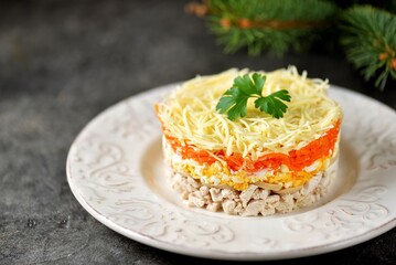 Chicken breast salad with pickled mushrooms, carrots, cheese and mayonnaise