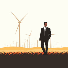Man in a suit in field of wind turbines vector isolated