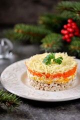 Chicken breast salad with pickled mushrooms, carrots, cheese and mayonnaise