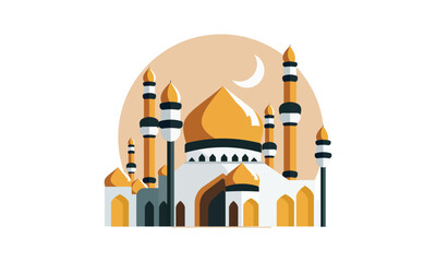a stylized of a muslim mosque,a flat design of a masjid for Islamic organizations or communities,Beautiful Islam temple icon,crescent and cloud,Vector Illustration,Eid Mubarak greetings,Ramadan Kareem