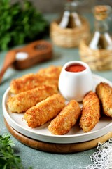 Fried meat sticks with tomato sauce