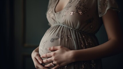A pregnant woman holds her belly, generative ai
