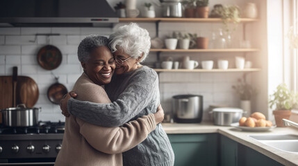 Fototapeta na wymiar Two dark-skinned elderly women with gray hair lovingly embrace in a modern kitchen. Realistic, high-resolution photography capturing genuine moments of lesbian love.
