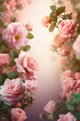 frame of blooming pink roses on pastel background