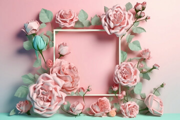 wooden frame with blooming pink roses on pink background