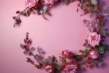 Fototapeta na wymiar frame of blooming pink roses on pink background