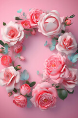 frame of blooming pink roses on pink background