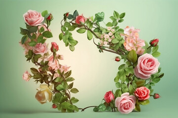 frame of blooming pink roses on green background