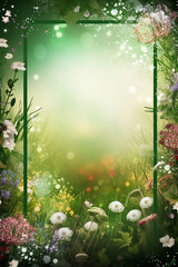 frame of wildflowers on green background