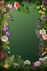 frame of wildflowers on green background