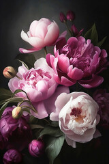 still life with blooming peonies on dark background