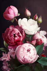 still life with blooming peonies on dark background