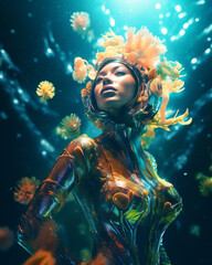 Fototapeta na wymiar Generative ai illustration fantastic young woman scuba diving underwater