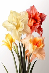 still life with colorful gladioli on white background