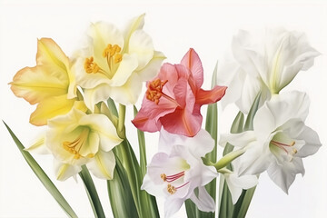 still life with colorful gladioli on white background