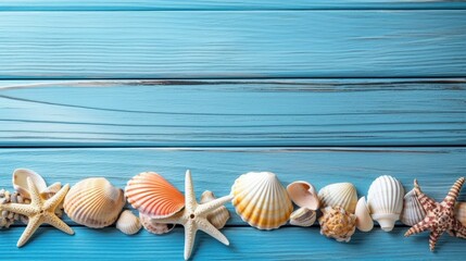 Summer Memories: Seashells on Blue Wood, a Beachy Reminiscence, generative ai