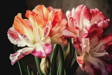 still life with colorful gladioli on dark background
