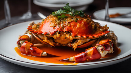 dish of boiled crab in tomato sauce on a white plate ,generative ai