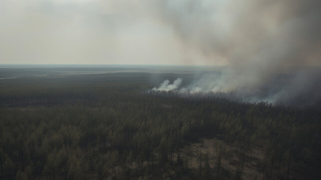 Aerial shot of a large forest fire in the distance.