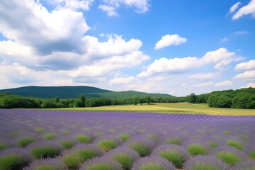 Fototapeta na wymiar lavender field, with view of rolling hills and blue skies, created with generative ai