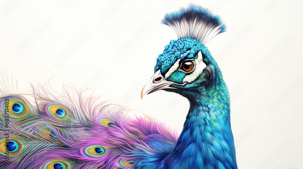 Poster a close up of a peacock with feathers. generative ai.