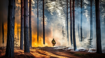 Firefighter from back walking towards the forest fire.