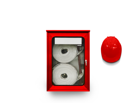 Fire hose cabinet and safety helmet in office building for fire protection preparation PNG transparent