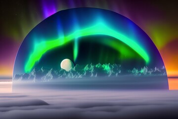 Amazing aurora borealis above the clouds with full moon, north - generative ai
