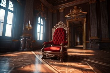 Royal throne room with red chair, curtains, palace interior fit for a king. Generative AI