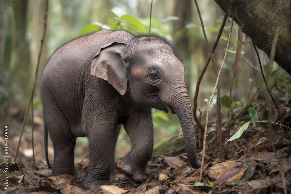 Wall mural baby elephant, with its huge ears and wrinkly skin, exploring the jungle for the first time, created with generative ai