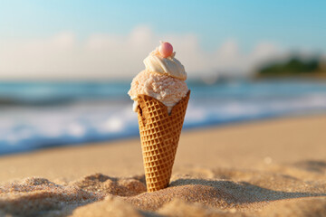 Summer ice cream cone on a sandy beach. Generative ai