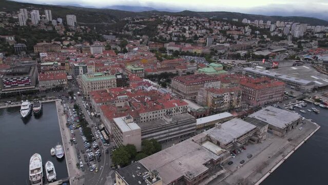 Aerial panoramic drone view of city of Rijeka on Adriatic Sea coast, Old City centre from above, Rijeka