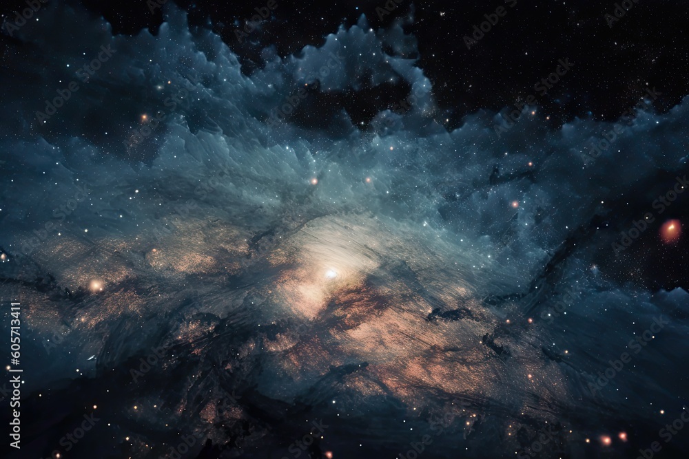 Wall mural chaotic and unpredictable galaxy with flashes of light, stars, and nebulae, created with generative 