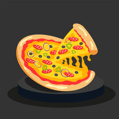 Pepperoni pizza with cheese, sausage, onion, paprika and olives. Italian food. Vector illustration EPS10.