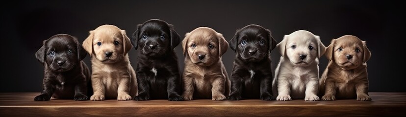 Fototapeta na wymiar Seven Puppies Posed Side by Side made with Ai generative technology
