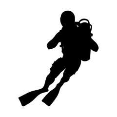 Vector illustration. Scuba diver silhouette underwater.
