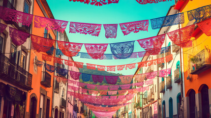 A narrow street with colorful flags hanging from a building. Day of the Dead decorations, AI generative.