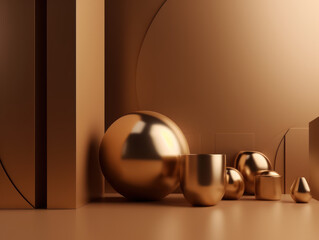 Golden luxury podium for product presentation. Minimal scene. Abstract background with geometric shapes. Created with Generative AI technology