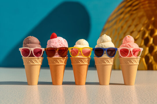 Summer ice cream cone wearing sunglasses. Generative ai