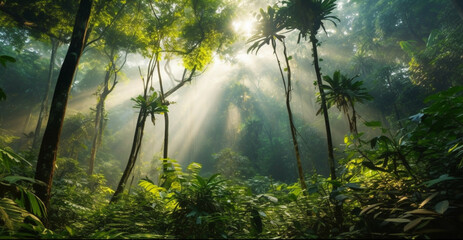 Sun rays through the fog in the rainforest of the jungle.Climate solutions carbon credit concept. Concept of carbon trading market.