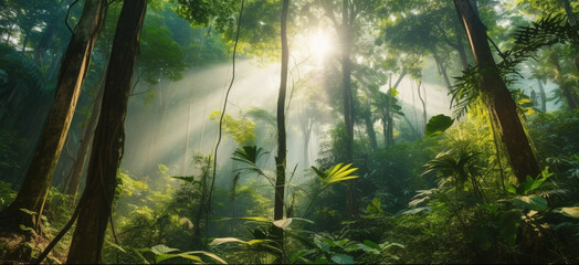 Sun rays through the fog in the rainforest of the jungle.Climate solutions carbon credit concept. Concept of carbon trading market.