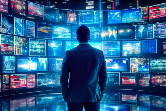 Adult Business Man In A Dark Jacket In An Empty Room In Front Of A Wall With Many News Screens Created Using Artificial Intelligence