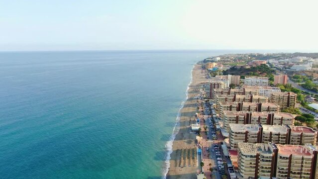 Aerial view on Coast of sea buildings and resorts in Marbella, Spain. Drone video of Costa Del Sol