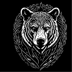 Tattoo style rage wild bear head front view logo emblem, heraldry, lines, black and white, isolated, branding, sign	
