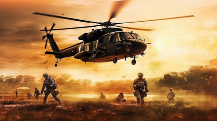 military helicopter transports soldiers. Generative AI