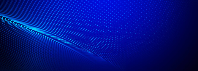 Obraz premium Digital technology background. Dynamic wave of glowing points. Colored music wave. Futuristic background for presentation design. 3d rendering. 3d Widescreen.