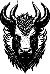 Tattoo style rage bull head front view logo emblem, heraldry, lines, black and white, isolated, branding, sign	