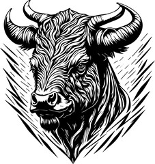 Tattoo style rage bull head front view logo emblem, heraldry, lines, black and white, isolated, branding, sign	