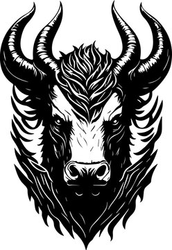 Tattoo style rage bull head front view logo emblem, heraldry, lines, black and white, isolated, branding, sign	
